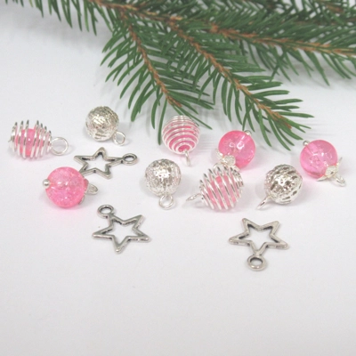 Dolls House Christmas Tree Decorations 12 Pink Silver Miniature Baubles and Stars 1:12th Scale