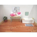 Dolls House Towels Pink White with Bath Salts Bottle and Ornament Jars Miniature Bathroom 1:12 Scale