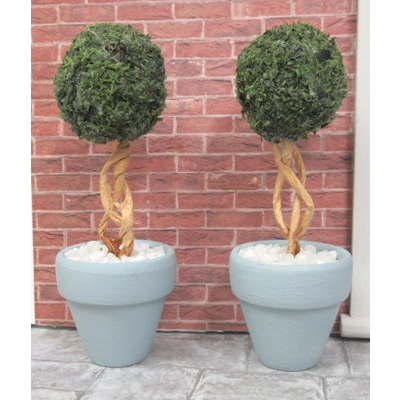 Dolls House Topiary 2 Handmade Miniature Trees in Duck Egg Blue Colour Terracotta Pots 1:12th Scale