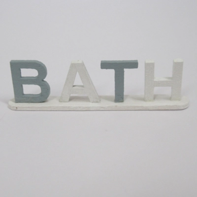 Dolls House Miniature Ornament BATH Word Blue and White Letters on Wooden Stand 1:12 Scale