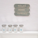 Dolls House Bathroom Sign Miniature Relax Soak Unwind Distressed Blue Wood 1:12th Scale