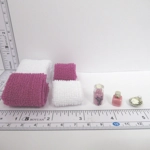Dolls House Towels Dark Pink & White with Bath Salts Jar, Soap Dispenser & Dish Bathroom 1:12 Scale