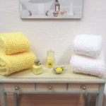 Dolls House Towels Yellow & White with Bath Salts and Soaps Miniature Bathroom 1:12th Scale