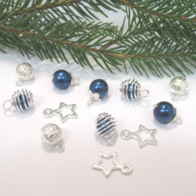 Dolls House Christmas Tree Decorations 12 Navy Blue Silver Miniature Baubles and Stars 1:12th Scale