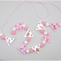 Dolls House Nursery Bunting Peter Rabbit Miniature Pink White Wood Flags and PomPoms 1:12 Scale