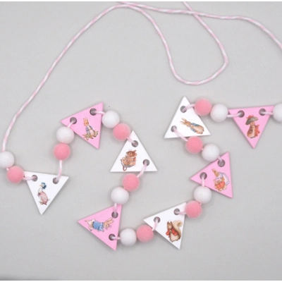 Dolls House Nursery Bunting Peter Rabbit Miniature Pink White Wood Flags and PomPoms 1:12 Scale