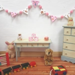 Dolls House Nursery Bunting Peter Rabbit Miniature Pink White Wood Flags and PomPoms 1:12 Scale