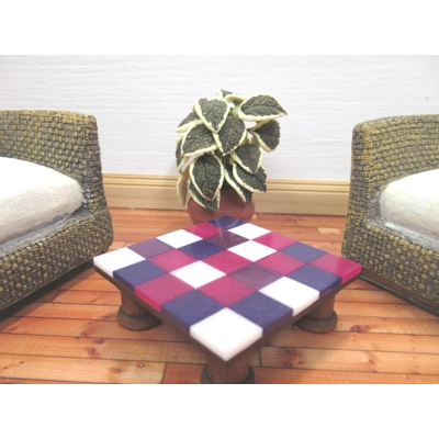 Dolls House Table Tiled Pink Purple and White Low Coffee Occasional Miniature Furniture 1:12 Scale