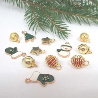 Dolls House Christmas Tree Decorations 12 Miniature Baubles and Trinkets Red Green Gold 1:12th Scale