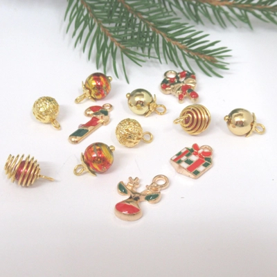 Dolls House Christmas Tree Decorations 12 Red Green Gold Miniature Baubles and Trinkets 1:12th Scale