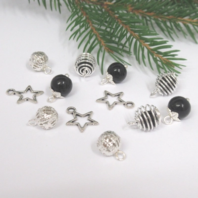 Dolls House Christmas Tree Decorations 12 Black Silver Miniature Baubles and Stars 1:12th Scale