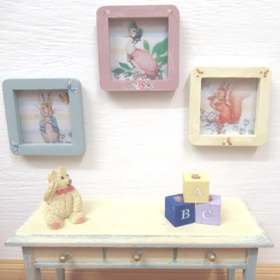 Dolls House Pictures Peter Rabbit Set of 3 Framed 1:12 Scale Nursery Decor