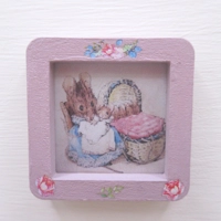 Dolls House Nursery Picture Hunca Munca Peter Rabbit Decorated Miniature Pink Frame 1:12 Scale