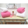 Dolls House Towels Pink White with Bath Salts Bottle and Ornament Jars Miniature Bathroom 1:12 Scale