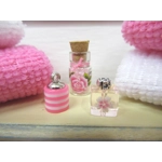 Dolls House Towels Pink White with Bath Salts Bottle and Ornament Jars Miniature Bathroom 1:12 Scale