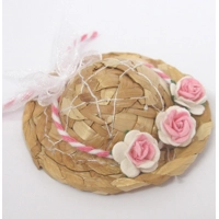 Dolls House Straw Hat Pink White Roses and Organza Bow 1:12 Scale Miniature Clothes Accessory