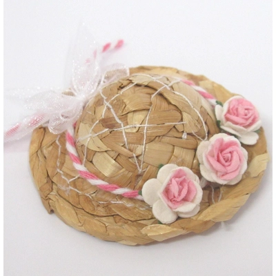 Dolls House Straw Hat Pink White Roses and Organza Bow 1:12 Scale Miniature Clothes Accessory