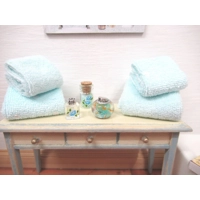 Dolls House Towels 4 Blue with Miniature Bath Salts and Ornament Jars 1:12th Scale