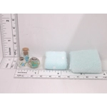 Dolls House Towels 4 Blue with Miniature Bath Salts and Ornament Jars 1:12th Scale
