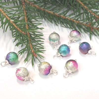 Dolls House Christmas Tree Decorations 8 Rainbow Silver Top Baubles Miniature Ornaments 1:12th Scale