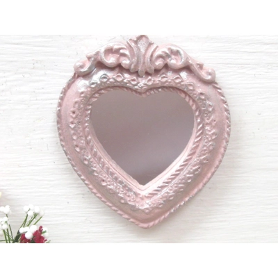 Dolls House Mirror Heart Shape Vintage Style Pink Silver Miniature Bedroom Decor 1:12th Scale
