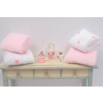 Dolls House Towels 4 Pink & White with Miniature Bath Salts and Ornament Jars 1:12th Scale Bathroom