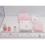 Dolls House Towels 4 Pink & White with Miniature Bath Salts and Ornament Jars 1:12th Scale Bathroom