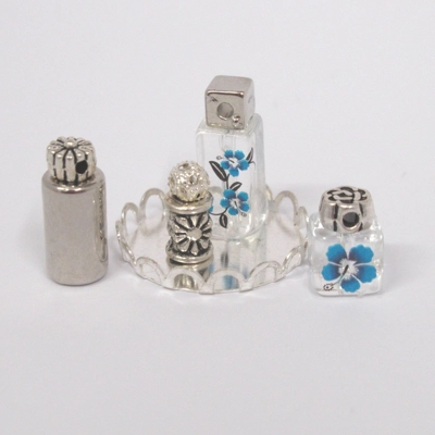 Dolls House Miniature Ornament Bottles and Silver Colour Tray Blue Flower Design 1:12th Scale