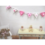 Dolls House Pink Bunting 9 Wood Flags with Hearts Miniature Nursery Girls Bedroom Decor 1:12 Scale