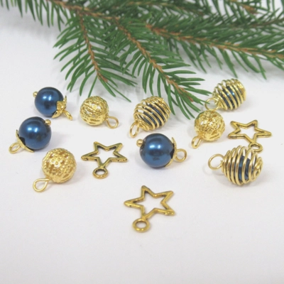 Dolls House Christmas Tree Decorations 12 Blue Gold Miniature Baubles and Stars 1:12th Scale