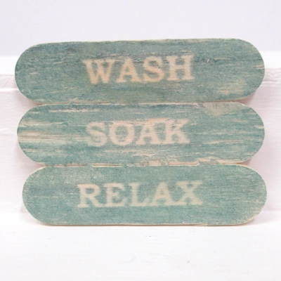 Dolls House Bathroom Wall Decor Sign Wash Soak Relax Blue Vintage Style Wood 1:12th Scale Miniature