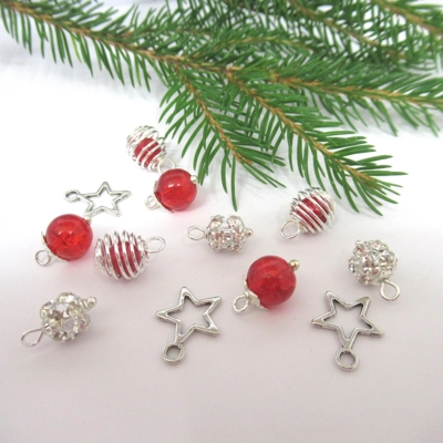 Dolls House Christmas Tree Decorations 12 Red Silver Miniature Baubles and Stars 1:12th Scale