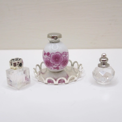 Dolls House Perfume Bottles Pink Silver with Tray Dressing Table Miniature Ornament 1:12th Scale