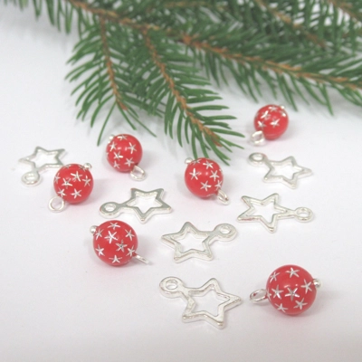 Dolls House Christmas Tree Decorations 12 Red Silver Miniature Baubles and Stars 1:12th Scale