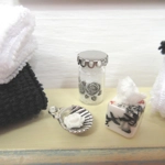 Dolls House Towels 4 Black and White with Miniature Bath Salts, Tissue Box, Soap & Dish 1:12th Scale