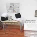 Dolls House Towels 4 Black and White with Miniature Bath Salts, Tissue Box, Soap & Dish 1:12th Scale