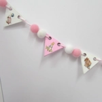Dolls House Nursery Bunting Peter Rabbit Miniature Pink White Wood Flags and PomPoms 1:12 Scale