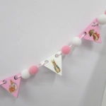 Dolls House Nursery Bunting Peter Rabbit Miniature Pink White Wood Flags and PomPoms 1:12 Scale