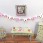 Dolls House Nursery Bunting Peter Rabbit Miniature Pink White Wood Flags and PomPoms 1:12 Scale
