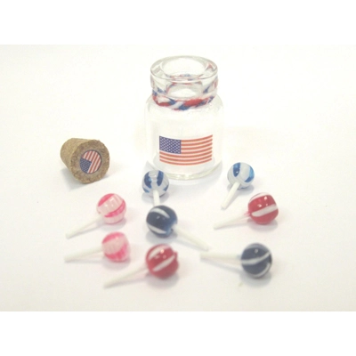 Dollhouse 4th July Lollipop Candy with Miniature Glass Jar Red White & Blue I:12th Scale