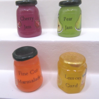 Dolls House Jam Preserve Jars Set of 4 Lemon Curd Jams Marmalade 1:12th Scale Miniature Kitchen Food