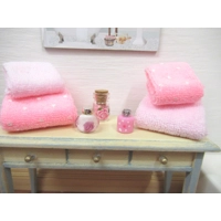Dolls House Towels Pink with Bath Salts and Ornament Jars 1:12th Scale Bathroom Miniatures