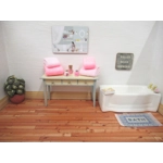 Dolls House Towels Pink with Bath Salts and Ornament Jars 1:12th Scale Bathroom Miniatures