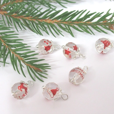 Dolls House Christmas Tree Decorations 6 Red Silver Miniature Glass Baubles Decorated 1:12th Scale