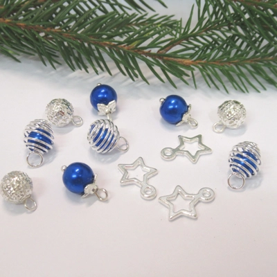 Dolls House Christmas Tree Decorations 12 Royal Blue Silver Miniature Baubles and Stars 1:12th Scale