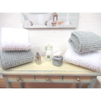 Dolls House Towels 4 Grey White with Tissue Box Bath Salts and Ornament Bottle 1:12th Scale Bathroom