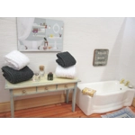 Dolls House Towels 4 Grey & White with Miniature Bath Salts and Ornament Jars 1:12th Scale