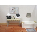 Dolls House Towels 4 Grey & White with Miniature Bath Salts and Ornament Jars 1:12th Scale