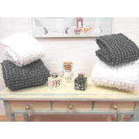 Dolls House Towels 4 Grey & White with Miniature Bath Salts and Ornament Jars 1:12th Scale