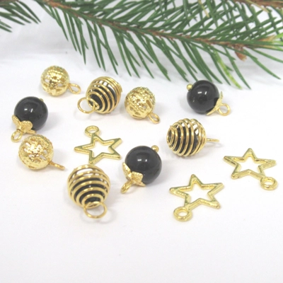 Dolls House Christmas Tree Decorations 12 Black Gold Miniature Baubles and Stars 1:12th Scale